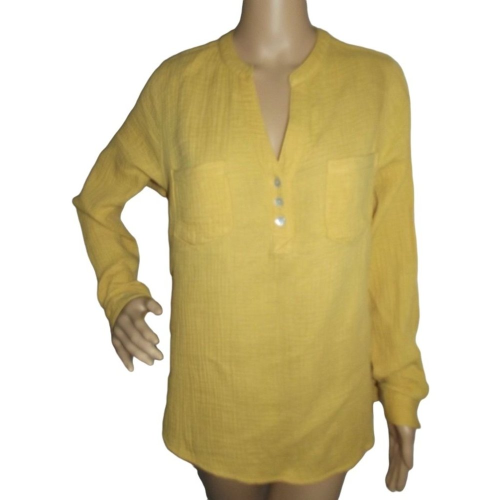 Mote Medium Mustard Yellow Waffle Woven Henley cotton top shirt m v-neck pockets